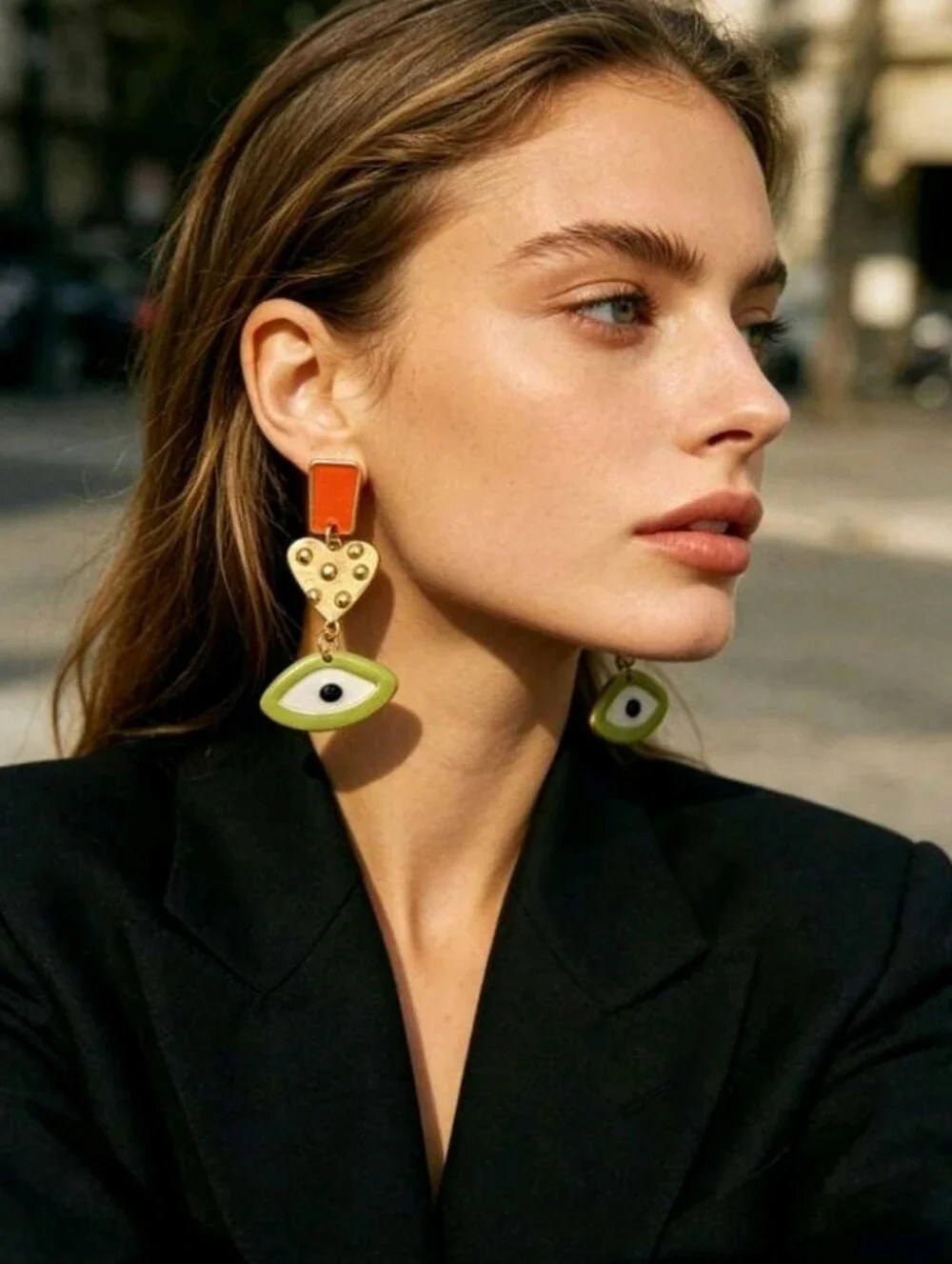 NEW! Unique Gold Heart & Green Evil Eye Drop Earrings - Orange Accents